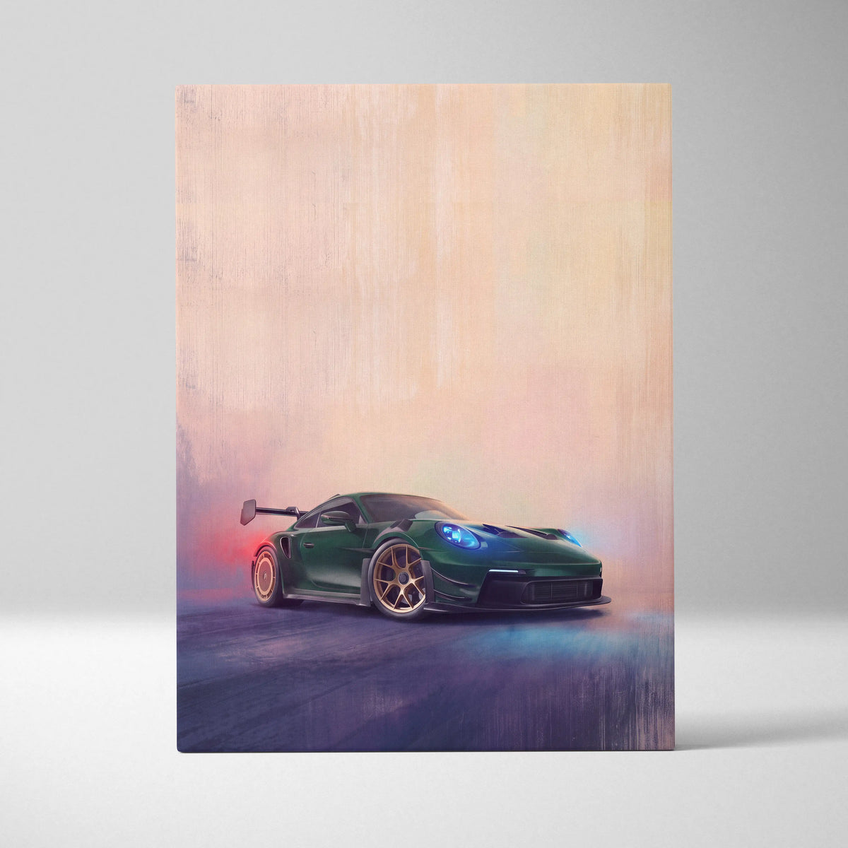 Green Porsche 911 gt3 rs inspired car wall art featuring a race car with gold rims and blue headlights on track canvas print