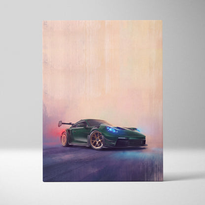 Green Porsche 911 gt3 rs inspired car wall art featuring a race car with gold rims and blue headlights on track canvas print