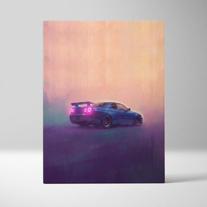Back side of vibrant blue nissan skyline r34 with glowing pink taillights and rear spoiler in neon-lit wall art print