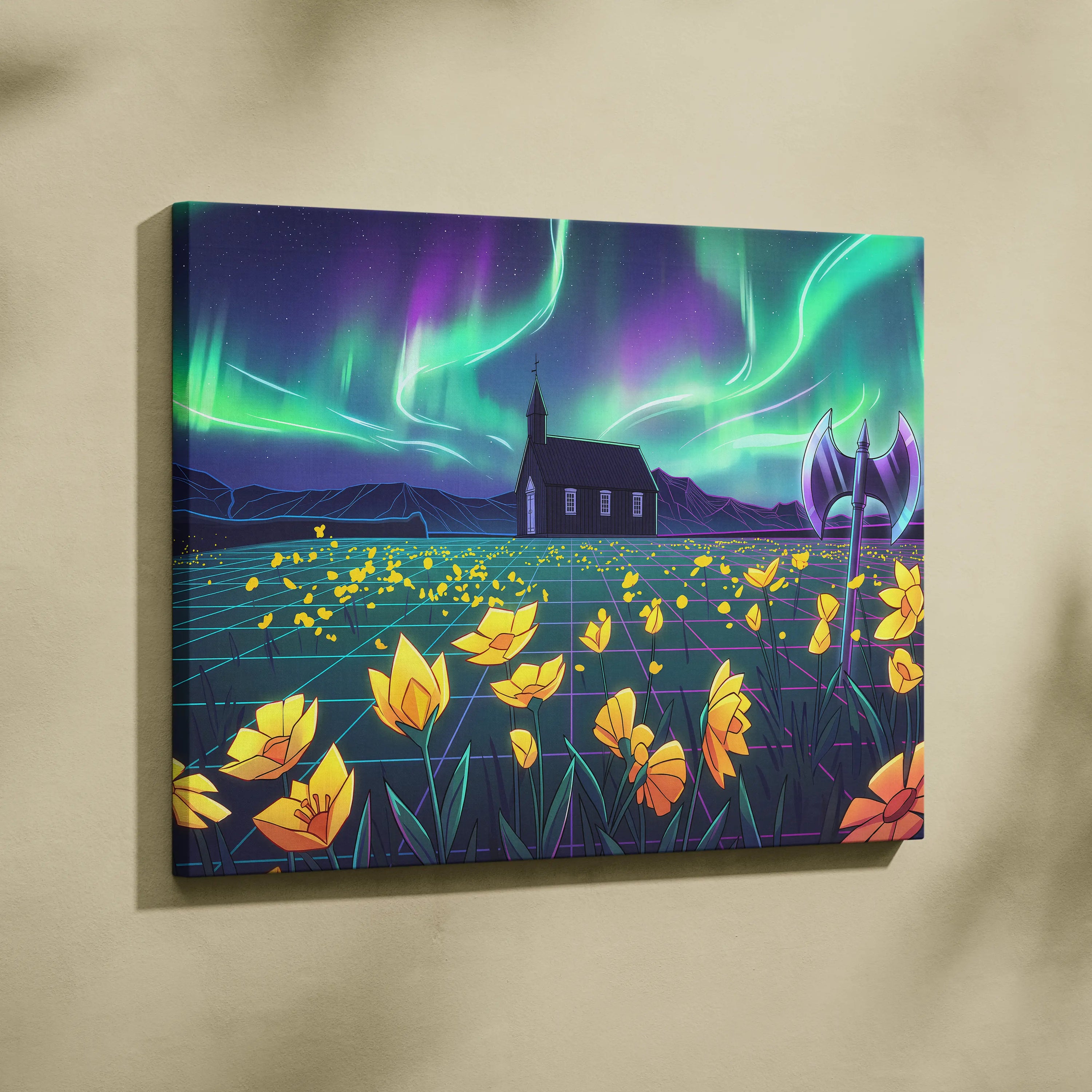 Neon Aurora Villa Vaporwave Canvas - Vaporwave Landscape Neon Green Purple Living Room Wall Art Dreamy Mood Vaporwave