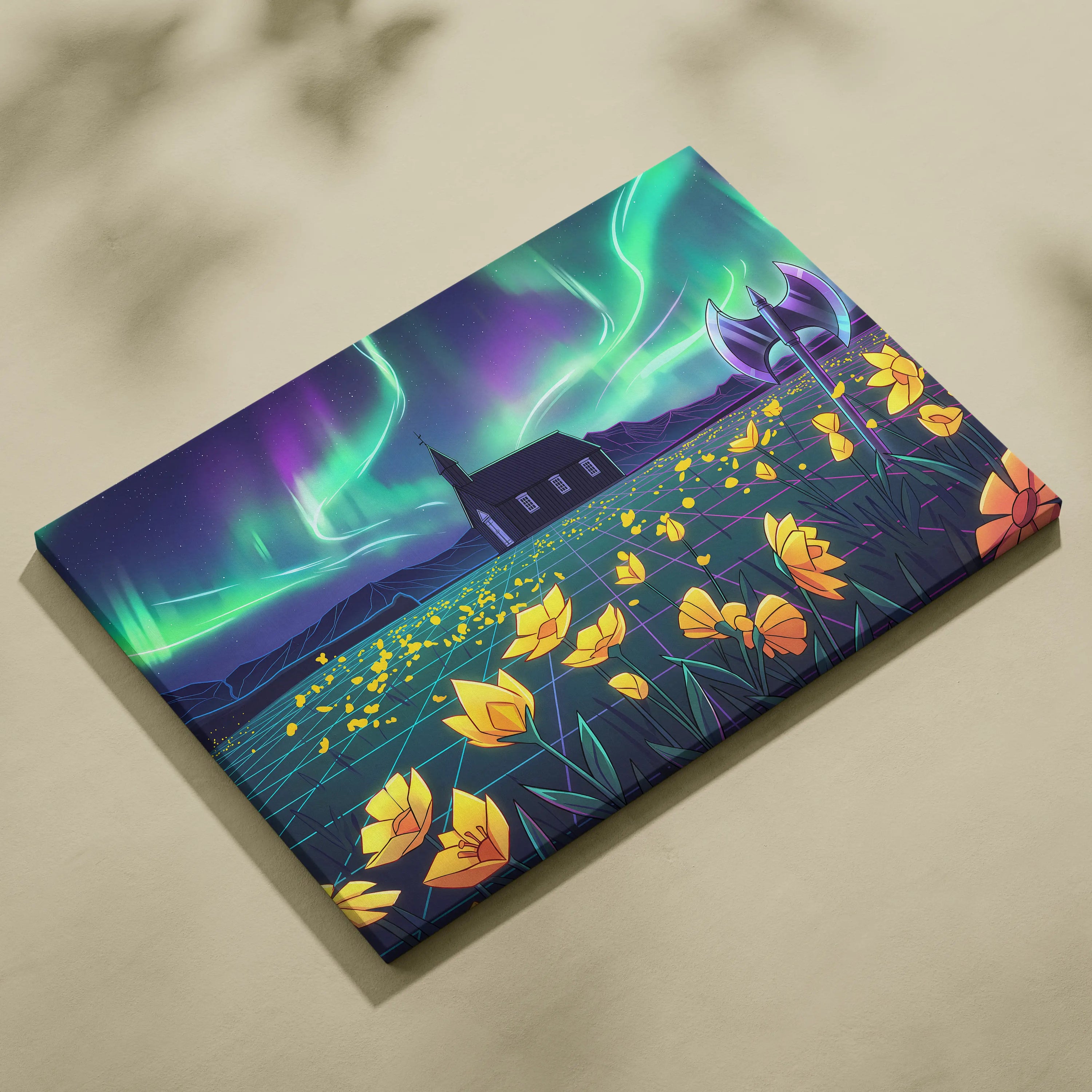 Neon Aurora Villa Vaporwave Canvas - Vaporwave Landscape Neon Green Purple Living Room Wall Art Dreamy Mood Vaporwave