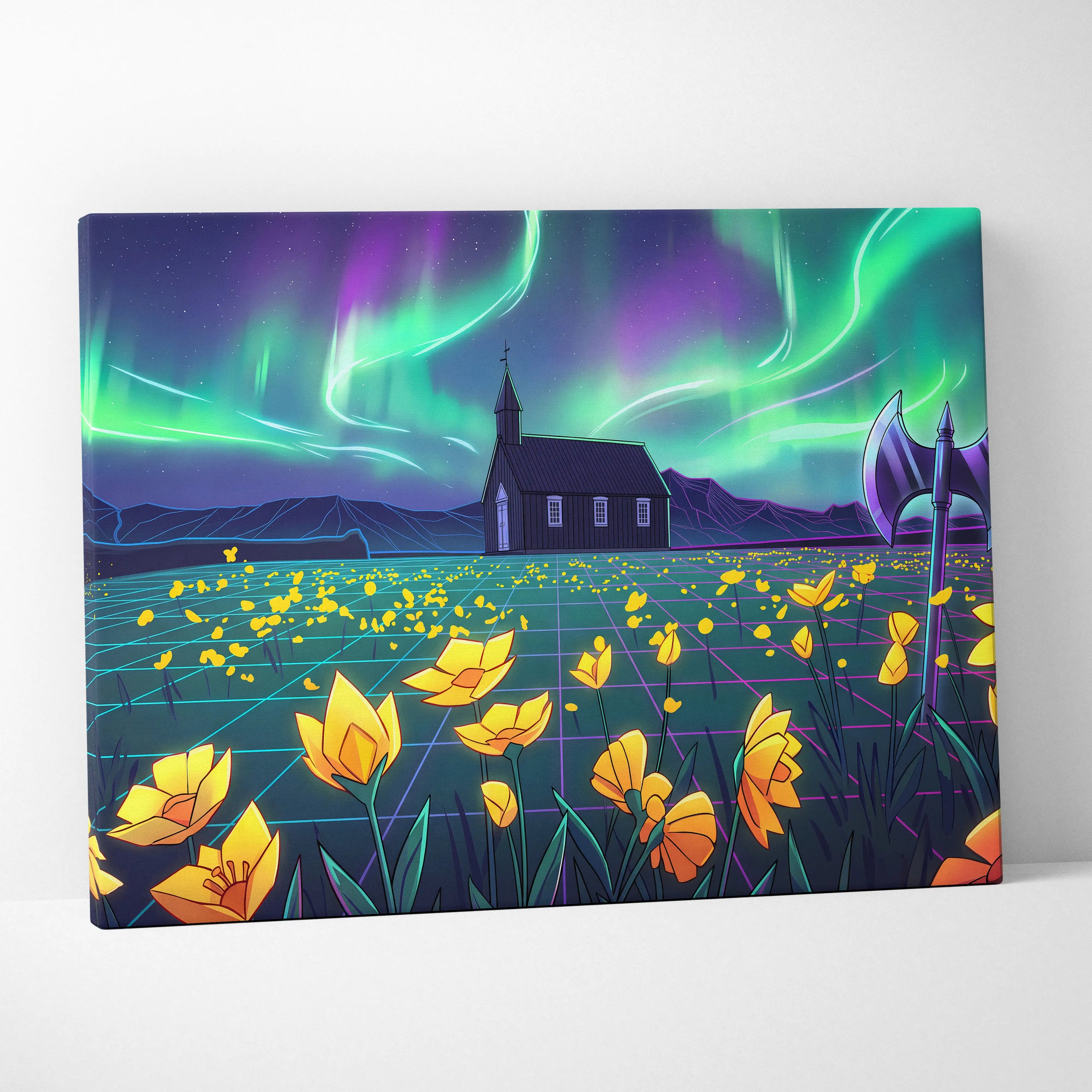 Neon Aurora Villa Vaporwave Canvas - Vaporwave Landscape Neon Green Purple Living Room Wall Art Dreamy Mood Vaporwave