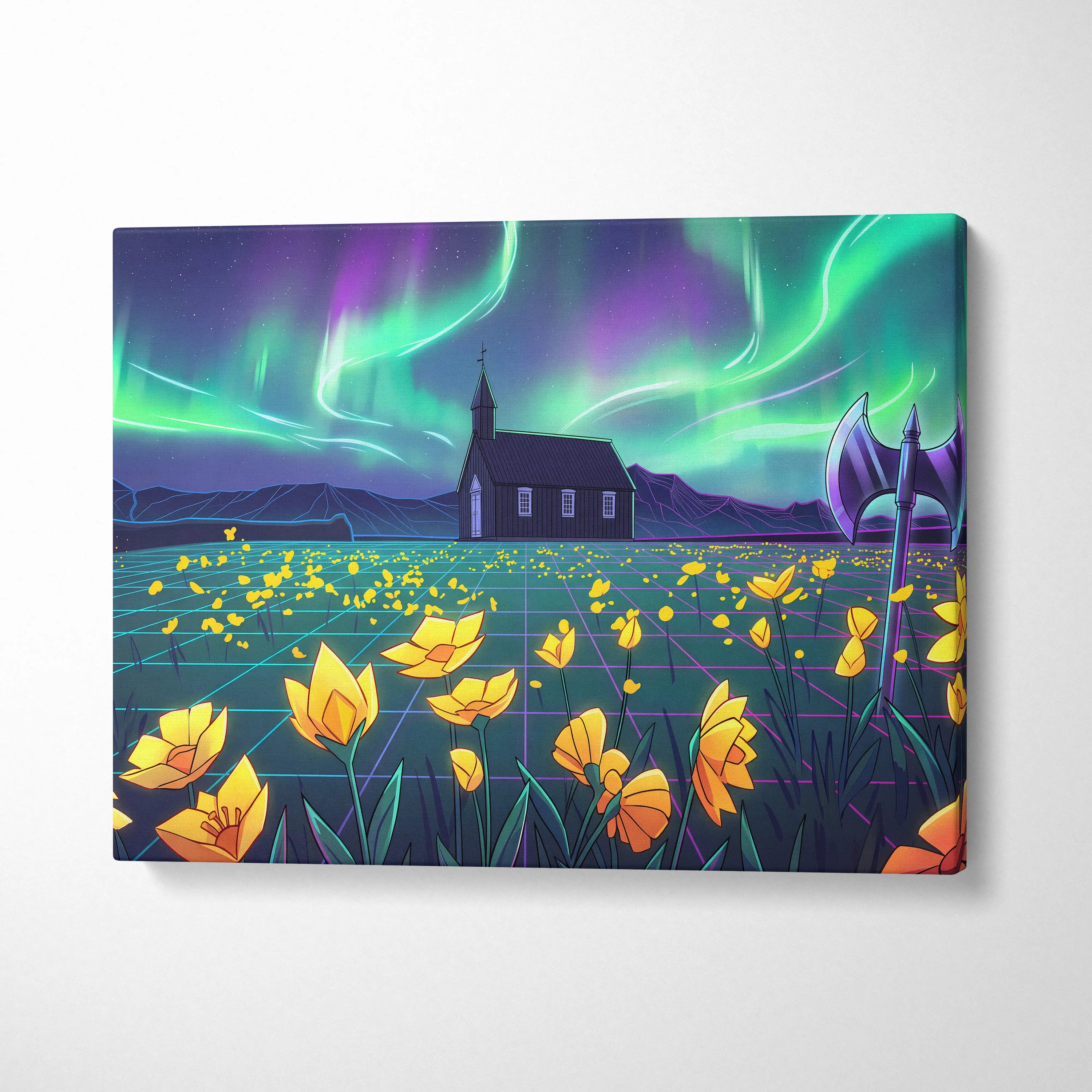 Neon Aurora Villa Vaporwave Canvas - Vaporwave Landscape Neon Green Purple Living Room Wall Art Dreamy Mood Vaporwave