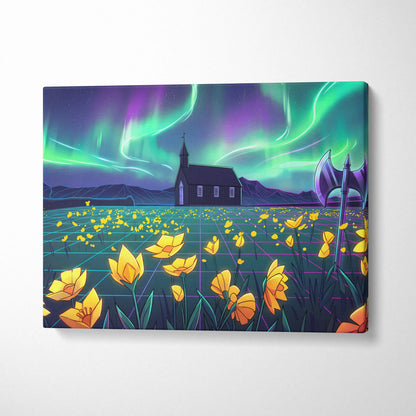 Neon Aurora Villa Vaporwave Canvas - Vaporwave Landscape Neon Green Purple Living Room Wall Art Dreamy Mood Vaporwave