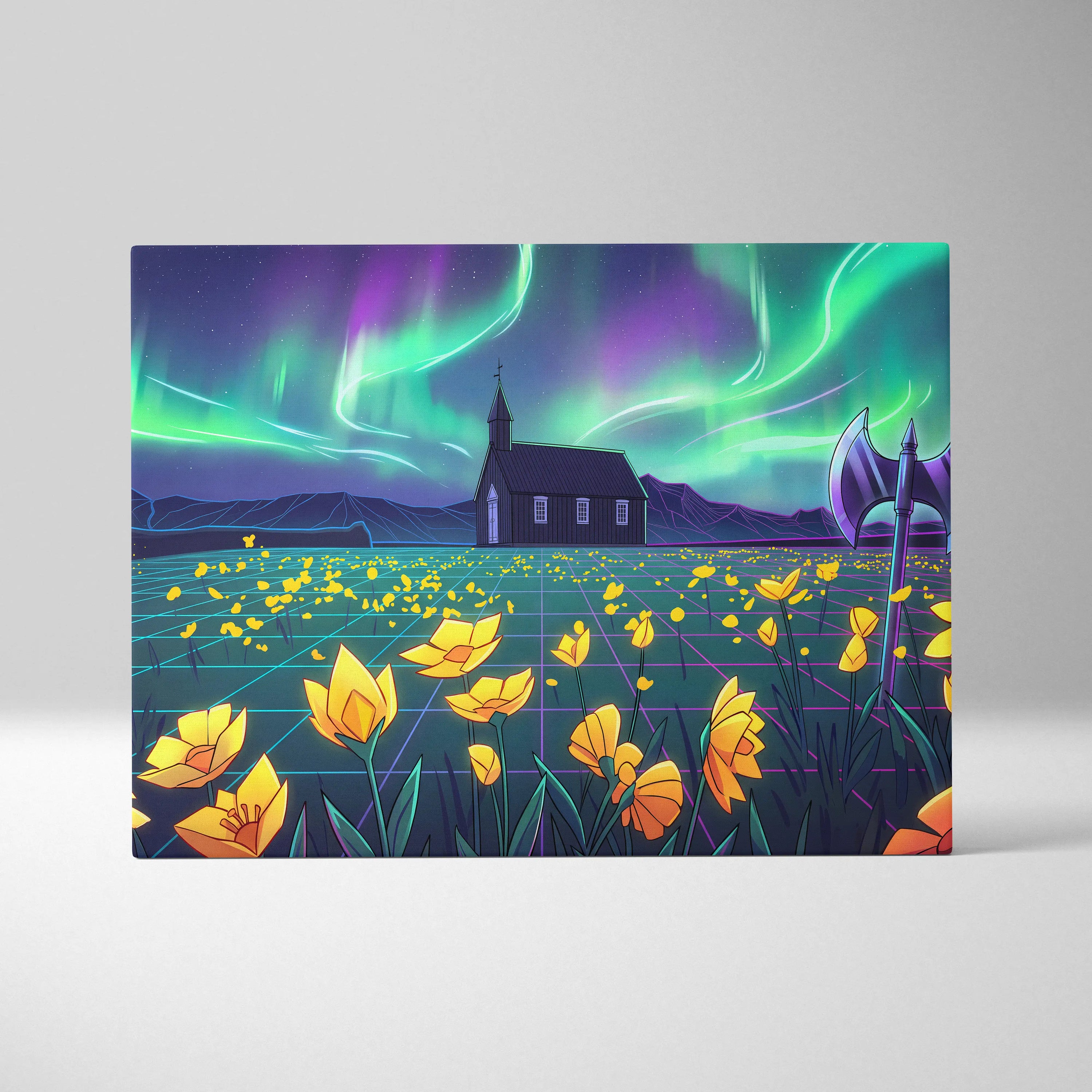Neon Aurora Villa Vaporwave Canvas - Vaporwave Landscape Neon Green Purple Living Room Wall Art Dreamy Mood Vaporwave