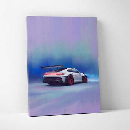 Porsche 911 GT3 RS inspired white sports car with red rims and rear spoiler on luxury supercar canvas print