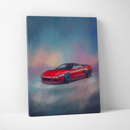 Vibrant red acura nsx sports car on a dynamic cloud background printed on stretched canvas for living room wall art