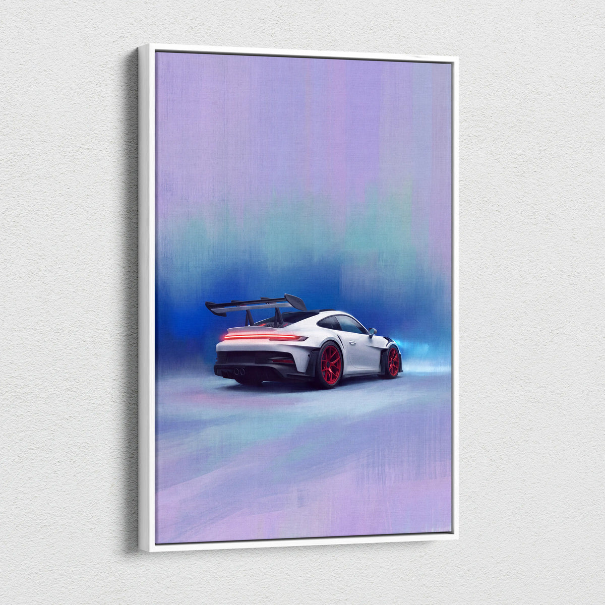White porsche 911 gt3 with red wheels and black rear spoiler on luxury supercar canvas wall art print