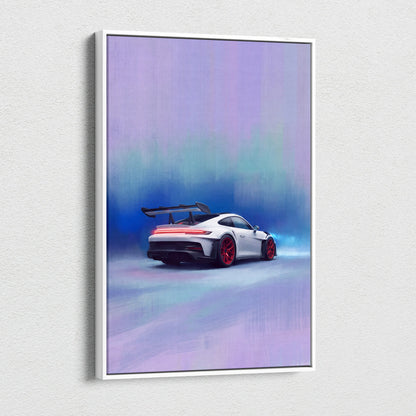 White porsche 911 gt3 with red wheels and black rear spoiler on luxury supercar canvas wall art print