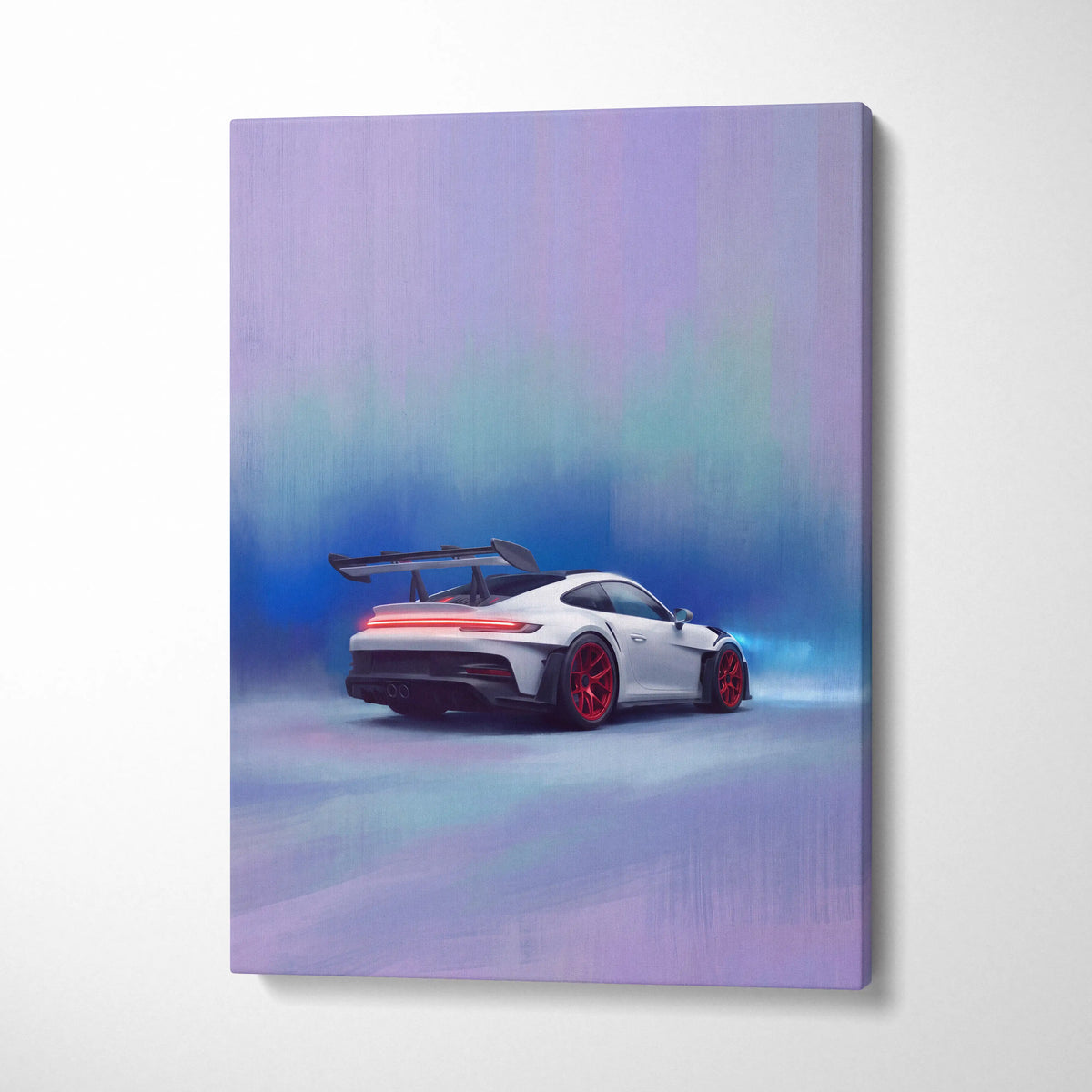 Porsche 911 GT3 RS inspired automotive wall art featuring a white sports car with red wheels on canvas print