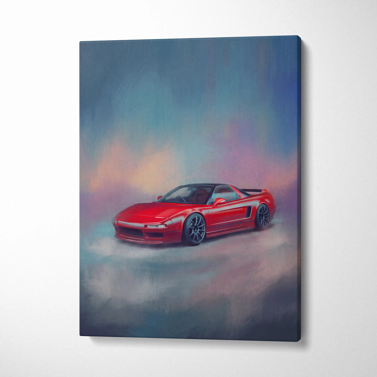 Vibrant red Acura NSX sports car on a stylized painterly canvas print automotive wall art for living room decor