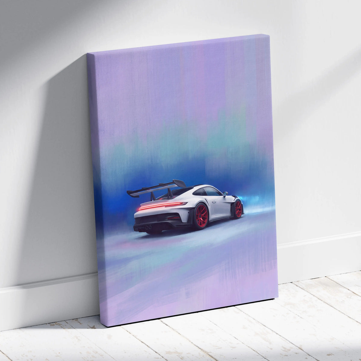 Porsche 911 gt3 rs inspired automotive wall art featuring a white gt3 with red wheels on a lavender blue gradient canvas