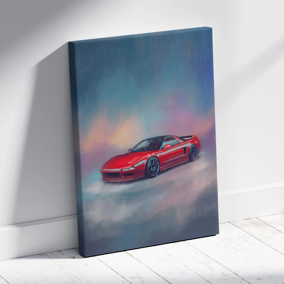 Red acura nsx sports car canvas print with vibrant dreamy sky for honda nsx inspired living room wall art
