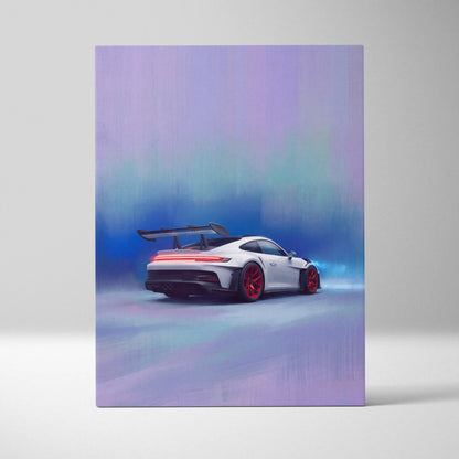 White porsche 911 gt3 with red wheels and black rear spoiler in a luxury supercar canvas print wall art painting