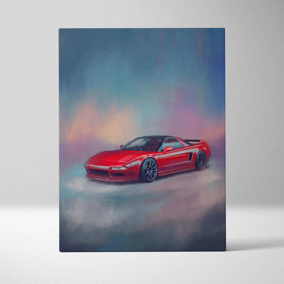 Vibrant red Acura NSX sports car in dynamic painterly style on canvas painting for living room wall art