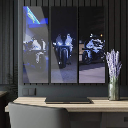 Three-piece vertical acrylic canvas art featuring a BMW S1000RR motorcycle with dark reflective background wall art.