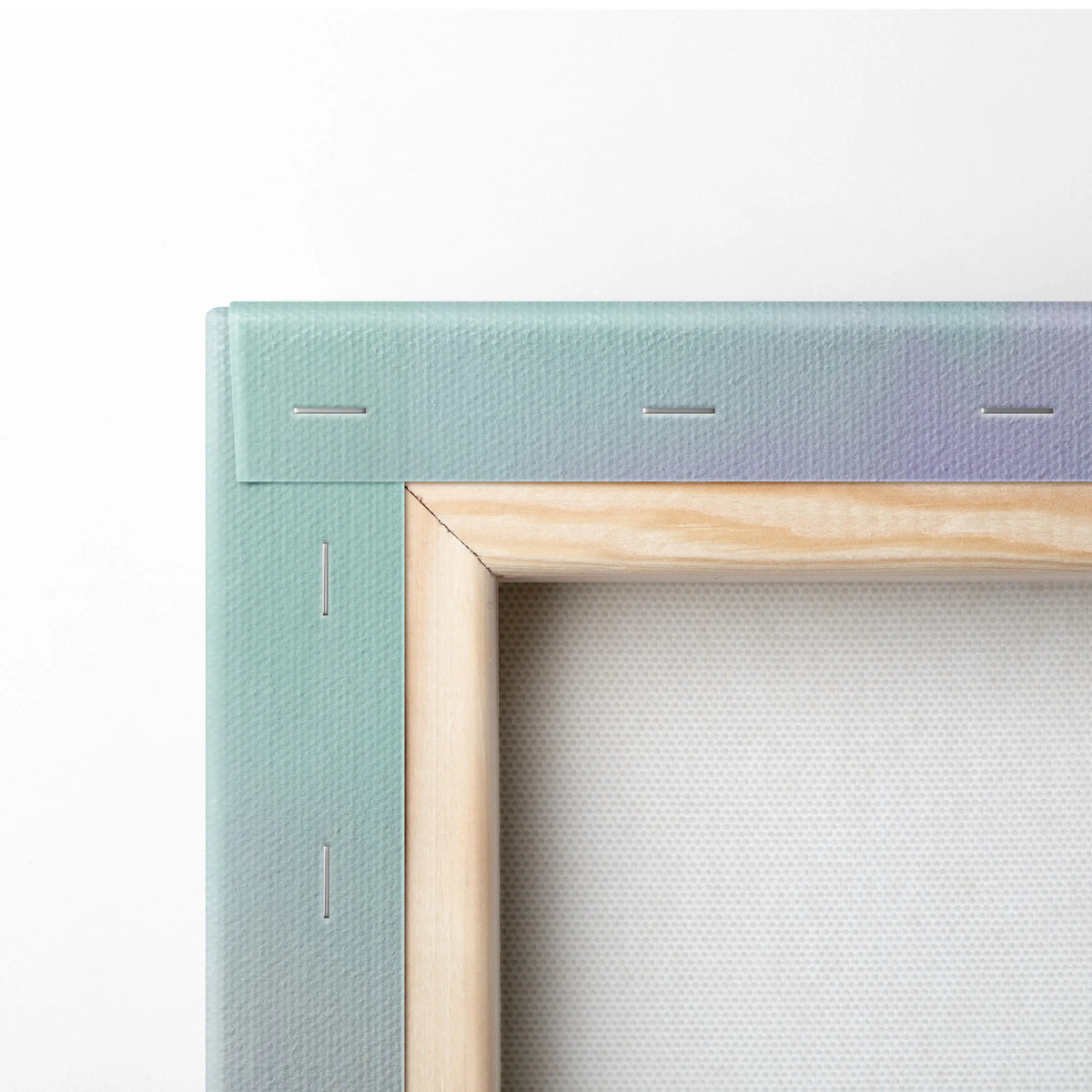 A mint green to lavender gradient canvas frame with stitching and light wood border for Ferrari 488 Pista supercar art