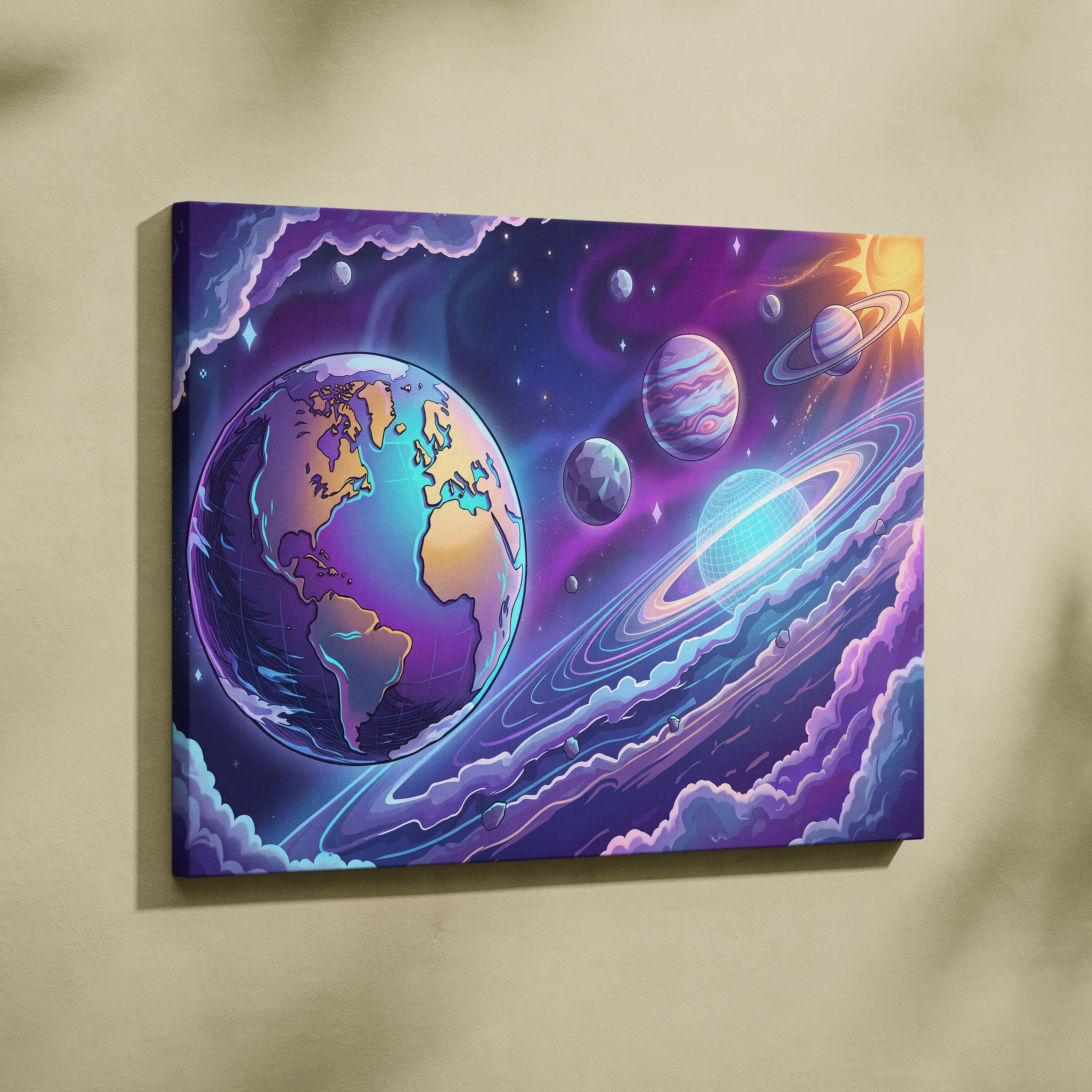 Neon Vaporwave Cosmos Canvas - Space Planets Neon Purple Blue Living Room Vaporwave Dreamy Mood Retro Wall Art Canvas
