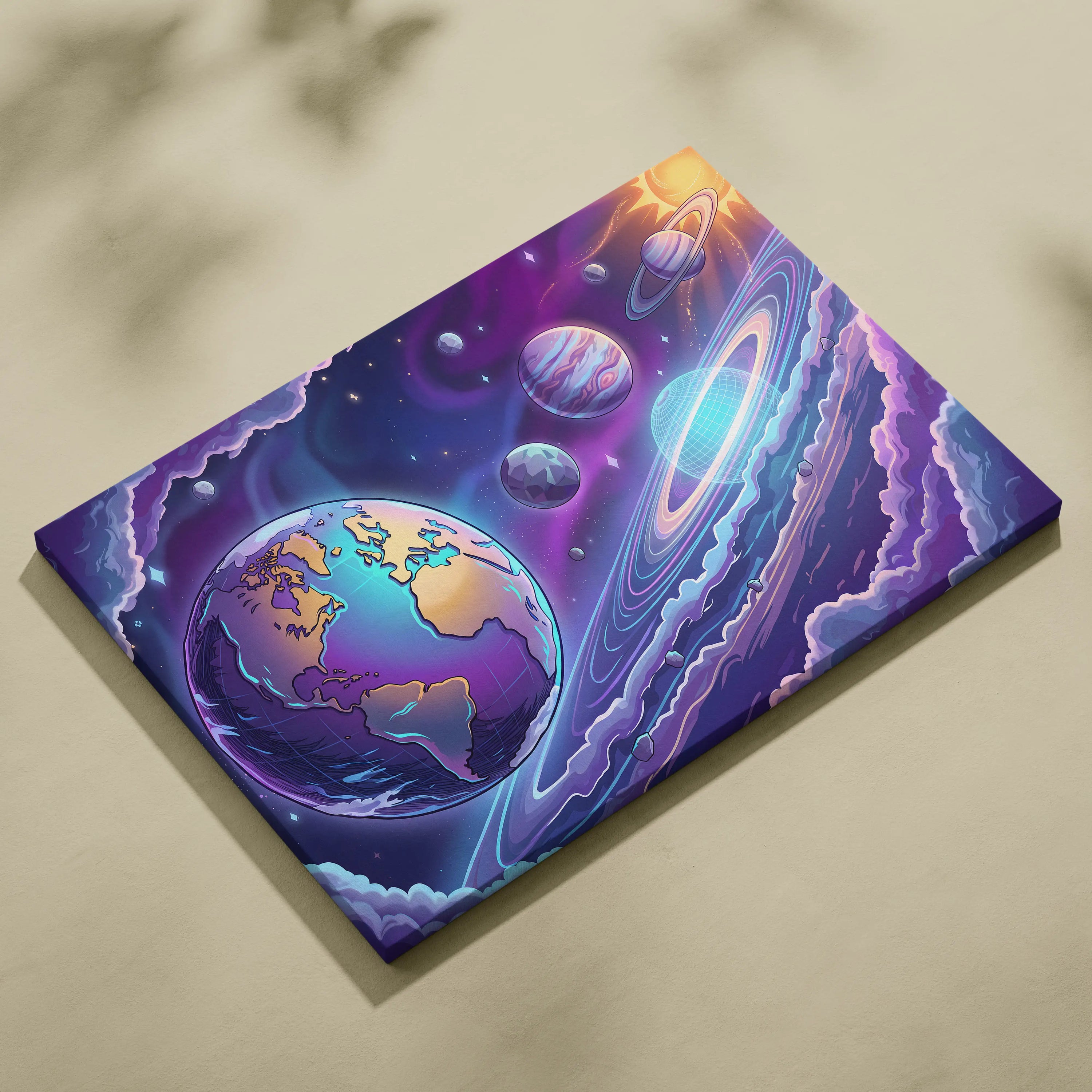 Neon Vaporwave Cosmos Canvas - Space Planets Neon Purple Blue Living Room Vaporwave Dreamy Mood Retro Wall Art Canvas