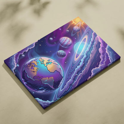 Neon Vaporwave Cosmos Canvas - Space Planets Neon Purple Blue Living Room Vaporwave Dreamy Mood Retro Wall Art Canvas
