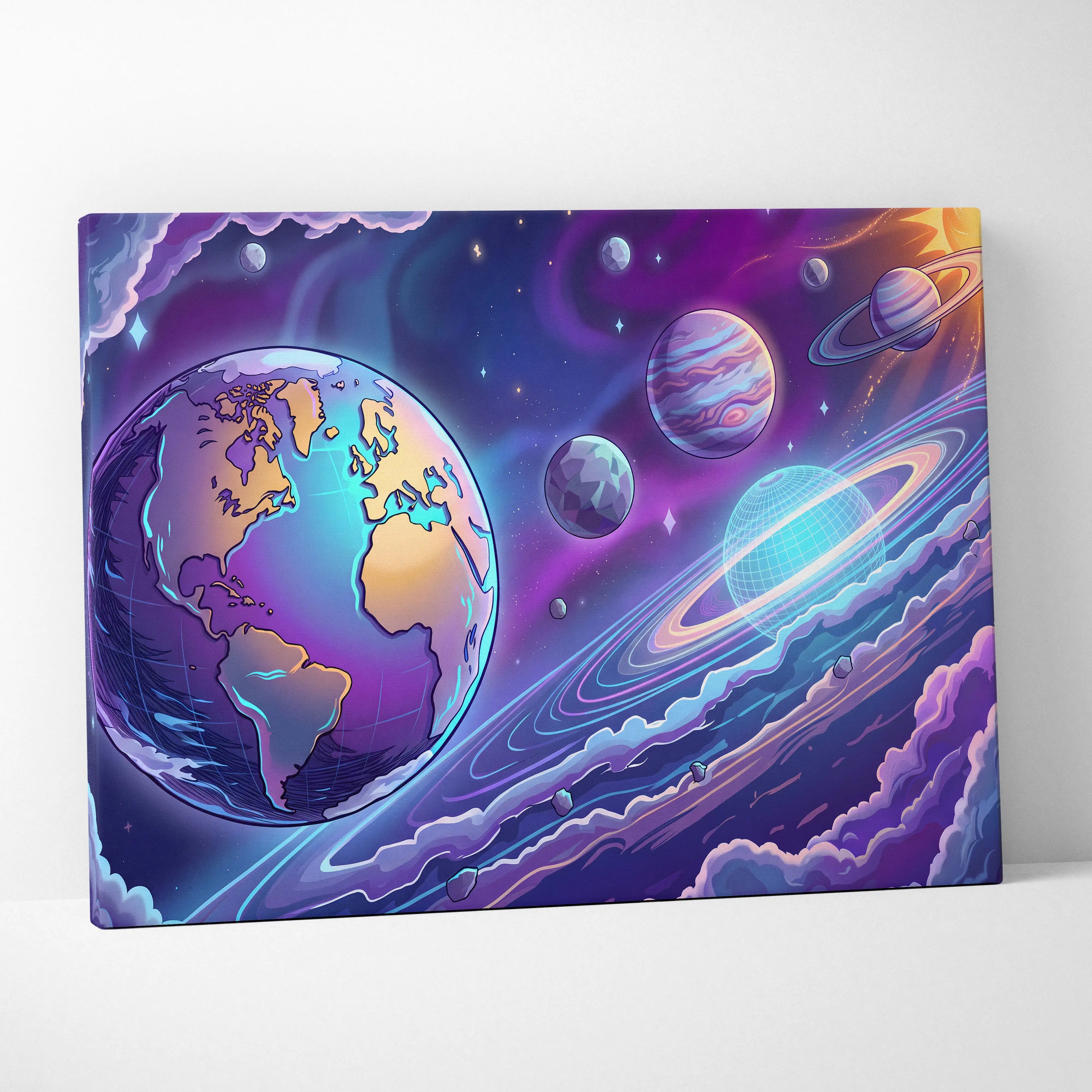 Neon Vaporwave Cosmos Canvas - Space Planets Neon Purple Blue Living Room Vaporwave Dreamy Mood Retro Wall Art Canvas