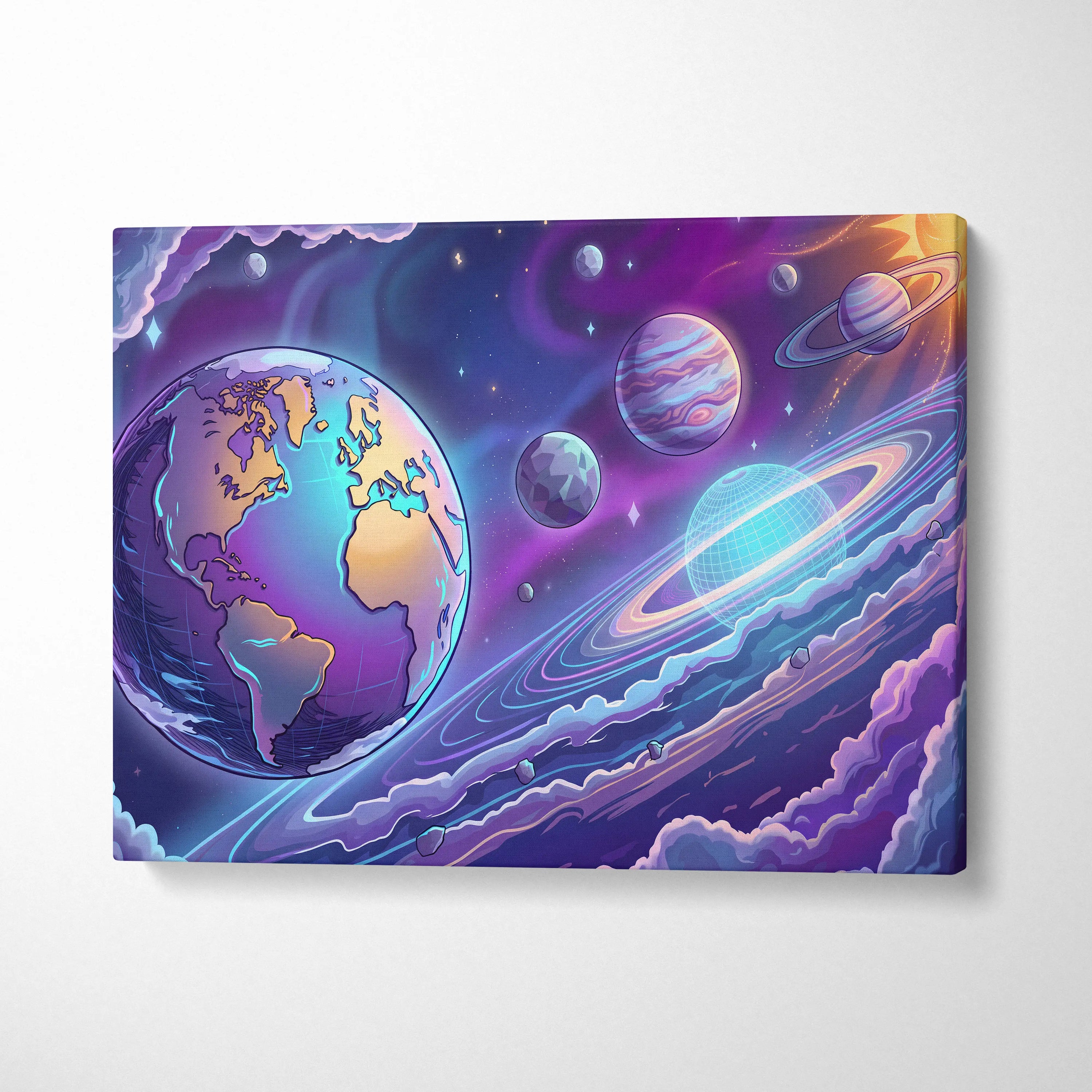 Neon Vaporwave Cosmos Canvas - Space Planets Neon Purple Blue Living Room Vaporwave Dreamy Mood Retro Wall Art Canvas