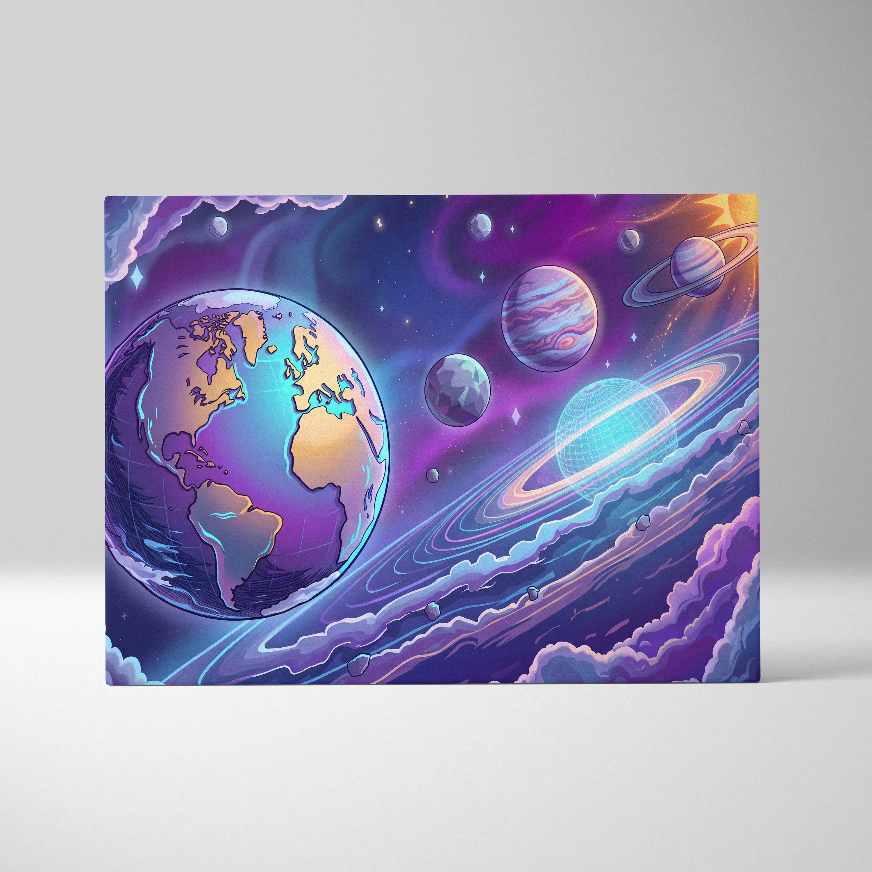 Neon Vaporwave Cosmos Canvas - Space Planets Neon Purple Blue Living Room Vaporwave Dreamy Mood Retro Wall Art Canvas