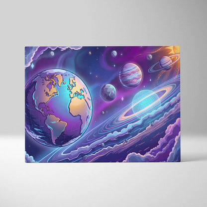 Neon Vaporwave Cosmos Canvas - Space Planets Neon Purple Blue Living Room Vaporwave Dreamy Mood Retro Wall Art Canvas