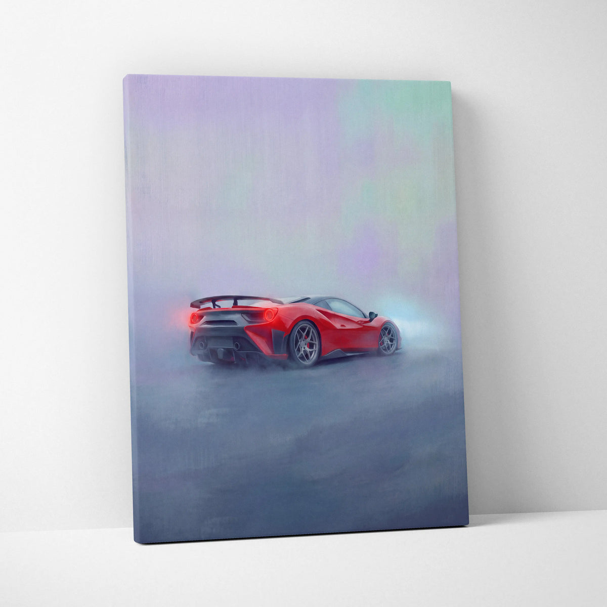Red ferrari 488 pista inspired supercar canvas art featuring a misty sports car painting for wall decor