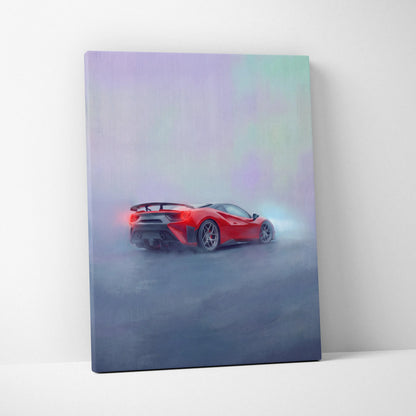 Red ferrari 488 pista inspired supercar canvas art featuring a misty sports car painting for wall decor