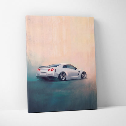 White nissan gt-r widebody sports car depicted in stylized painting on canvas for wall art decor