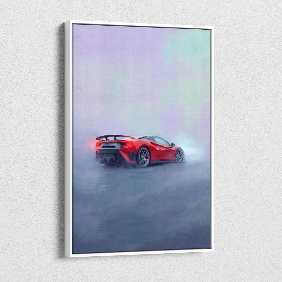 Ferrari 488 pista inspired supercar canvas art featuring a red sports car in a misty atmospheric painting with white frame