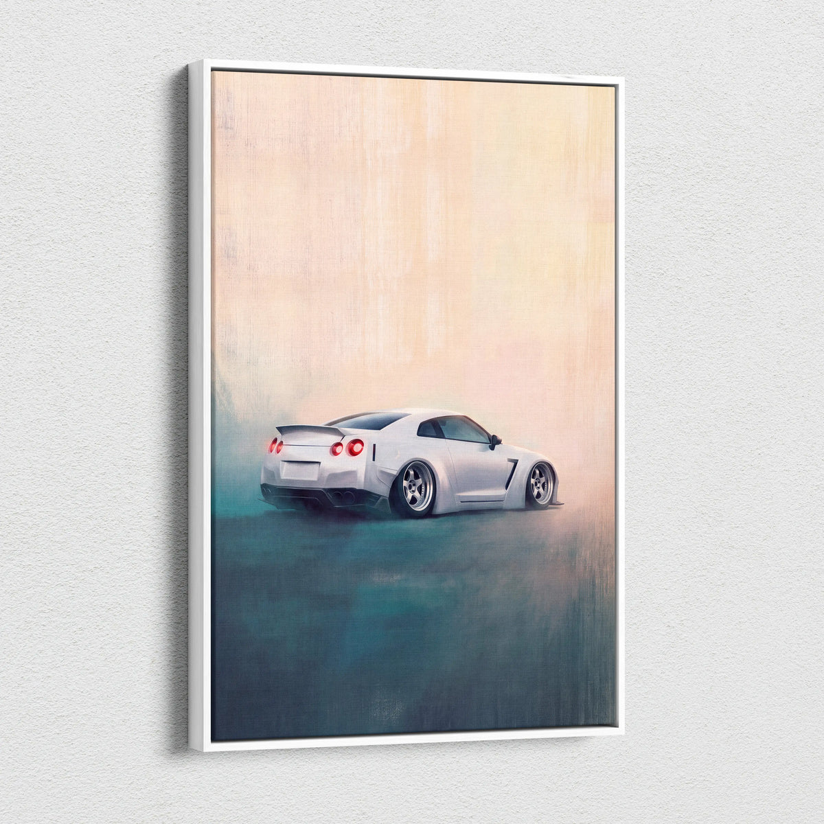 White framed canvas print of a stylized white nissan gt-r sports car with red taillights and black rims wall art