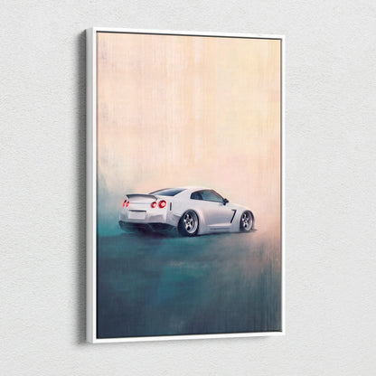 White framed canvas print of a stylized white nissan gt-r sports car with red taillights and black rims wall art