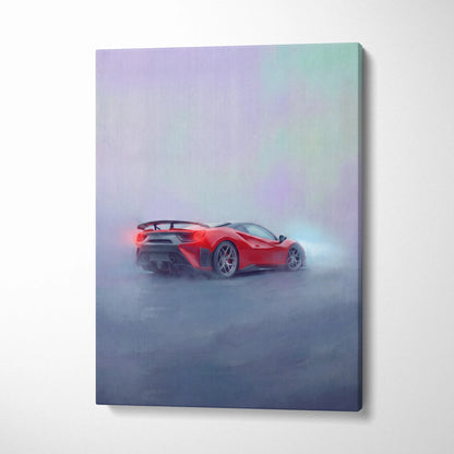 Red ferrari 488 pista inspired supercar canvas art featuring dynamic drift pose on misty pastel background