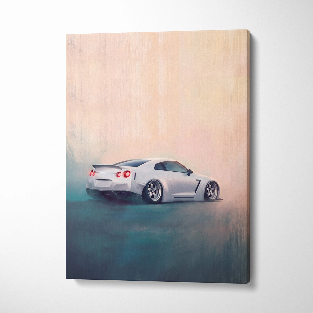 White Nissan GT-R inspired widebody sports car canvas print with red taillights and black rims wall art