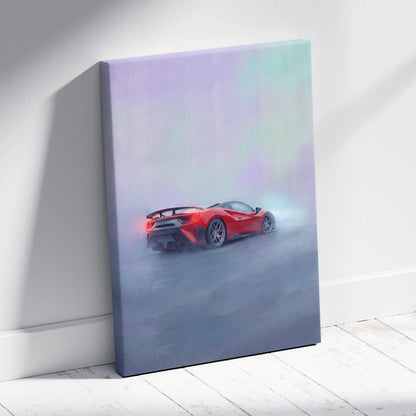 Red ferrari 488 pista inspired sports car canvas art featuring dynamic rear view with glowing taillights in mist