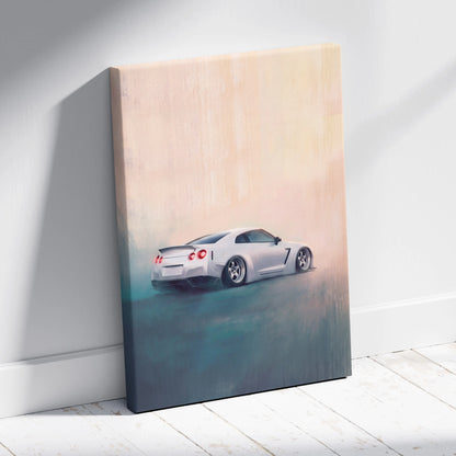 White nissan gt-r sports car wall art with glowing red taillights in a stylized widebody canvas print