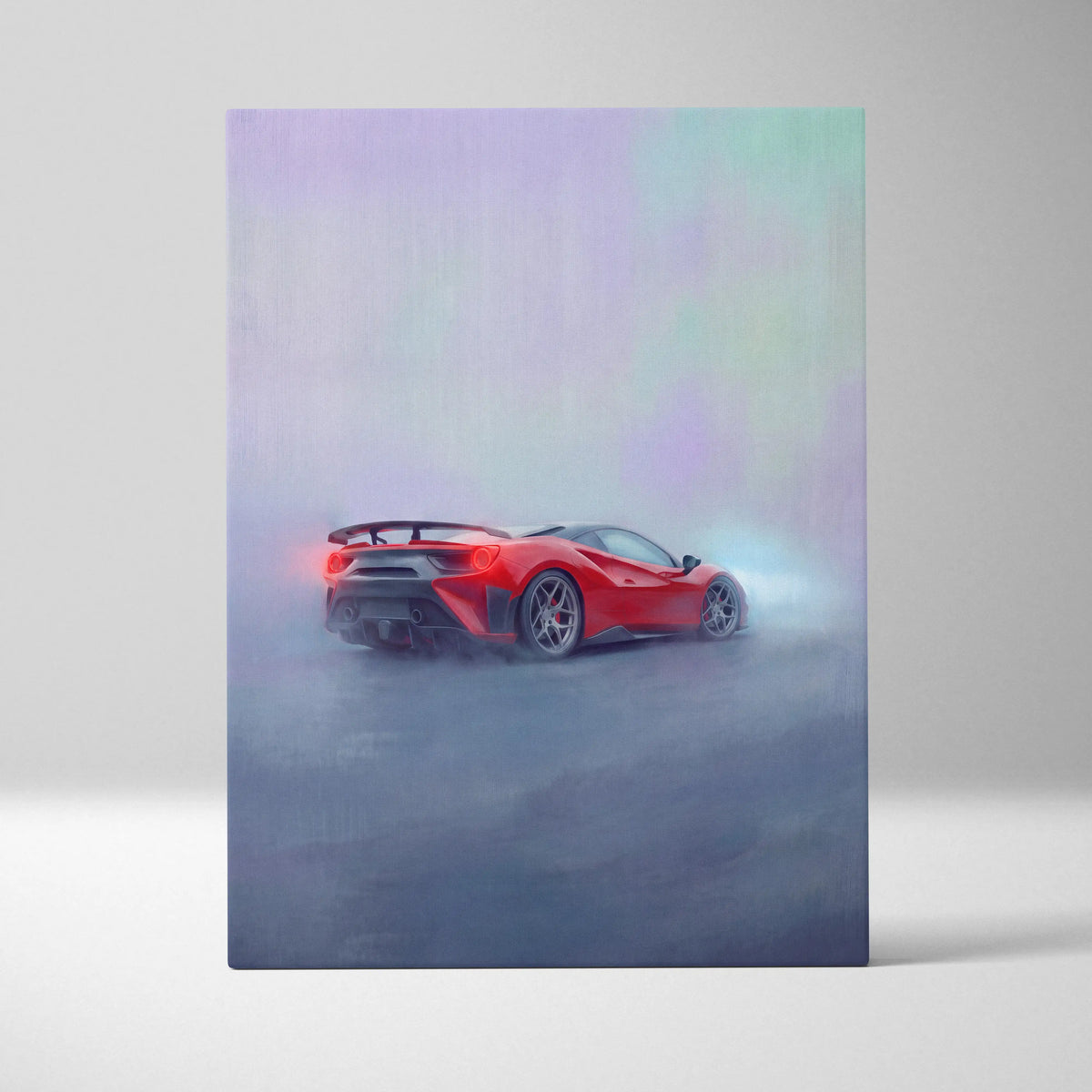Red Ferrari 488 Pista inspired supercar canvas art with stylized smoky design for custom car wall decor
