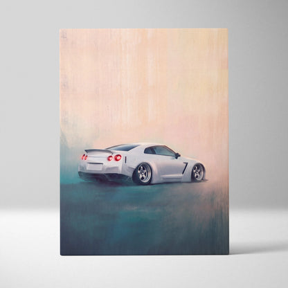 White nissan gt-r widebody sports car wall art canvas print with red taillights and black rims shown from the back