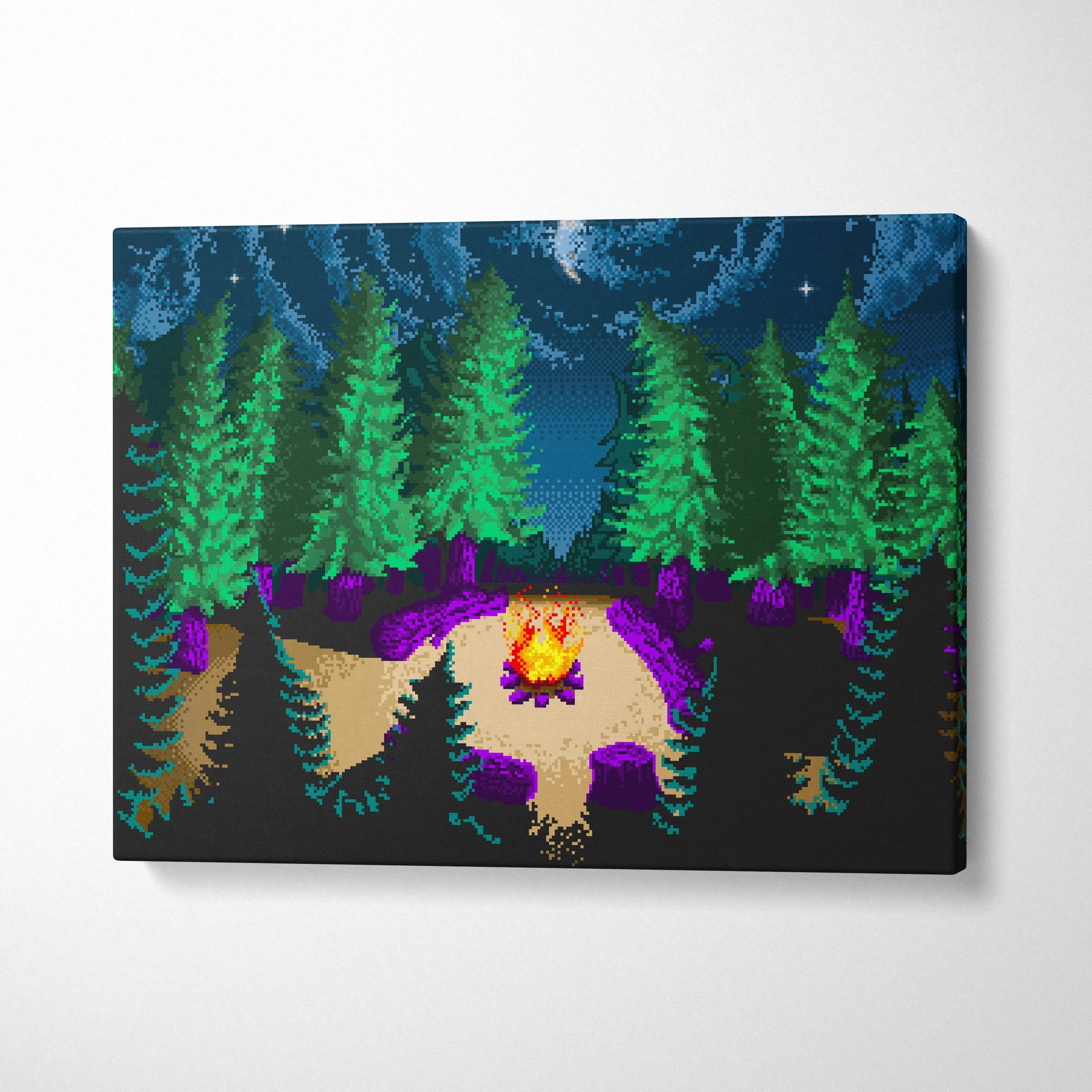 Pixel art campfire glowing amid emerald pines under starry violet night sky