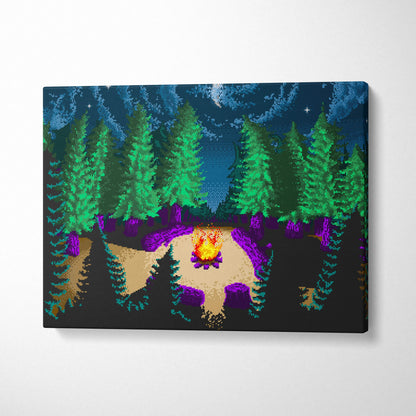 Pixel art campfire glowing amid emerald pines under starry violet night sky