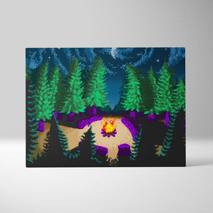 Pixel art canvas of glowing campfire, emerald pines, violet shadows under starry sky