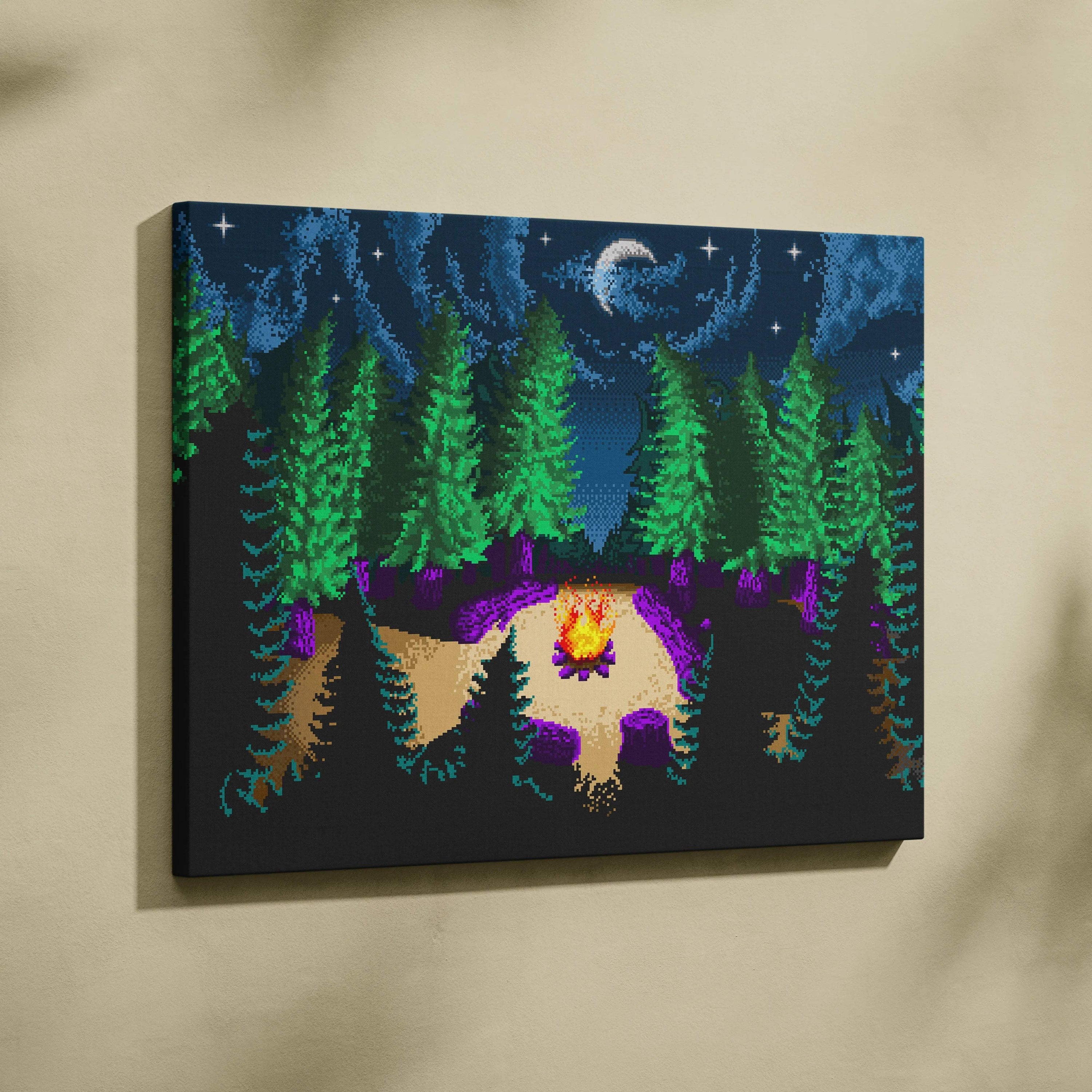 Pixel art campfire at night with emerald pines and violet shadows canvas