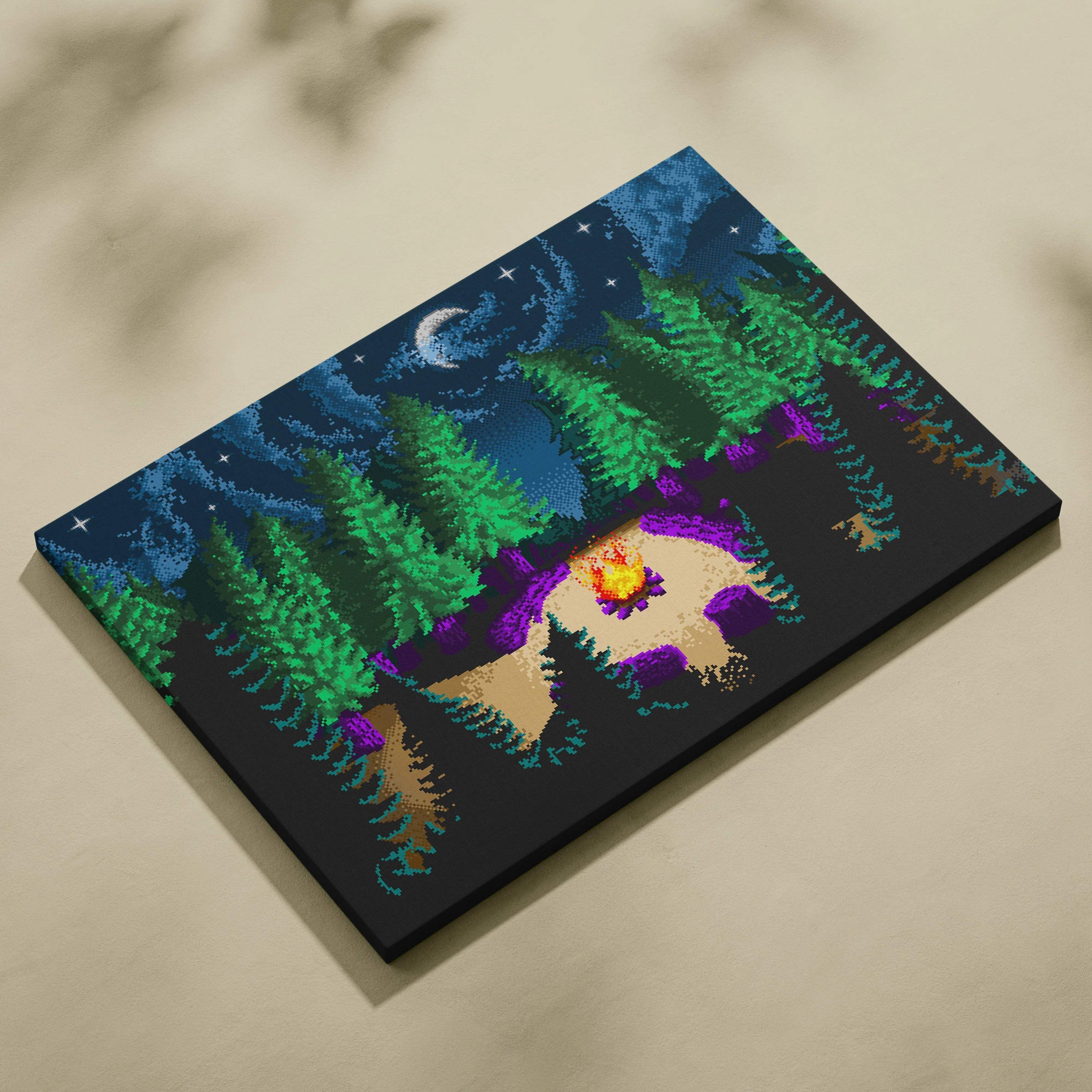 Pixel art canvas of nighttime forest with emerald pines, violet shadows, campfire, crescent moon, stars