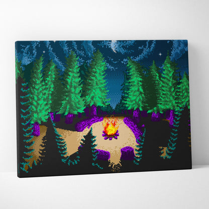 Pixel art forest campfire at night with emerald pines and violet shadows canvas