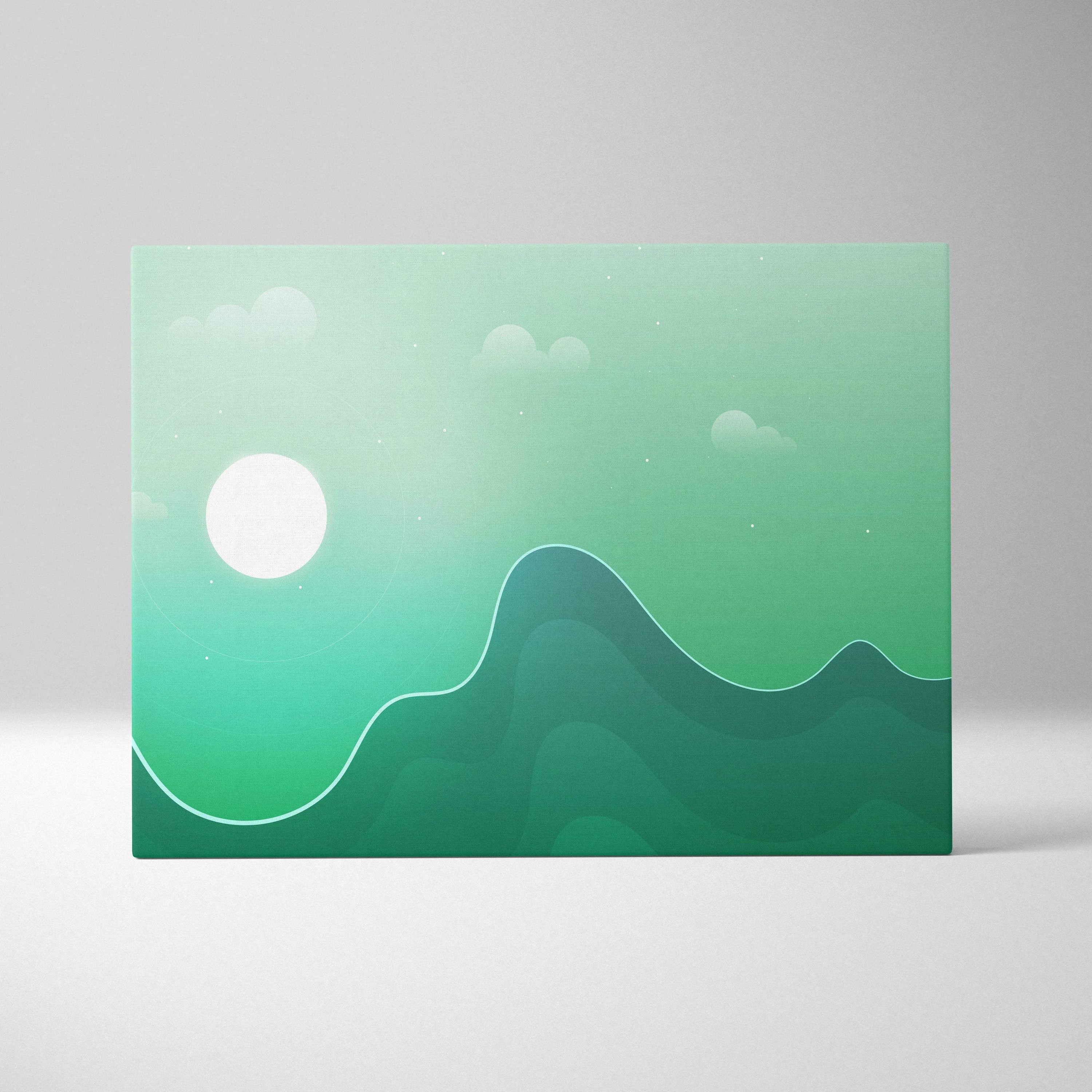 Minimalist emerald hills at dawn canvas print with soothing green gradient sun