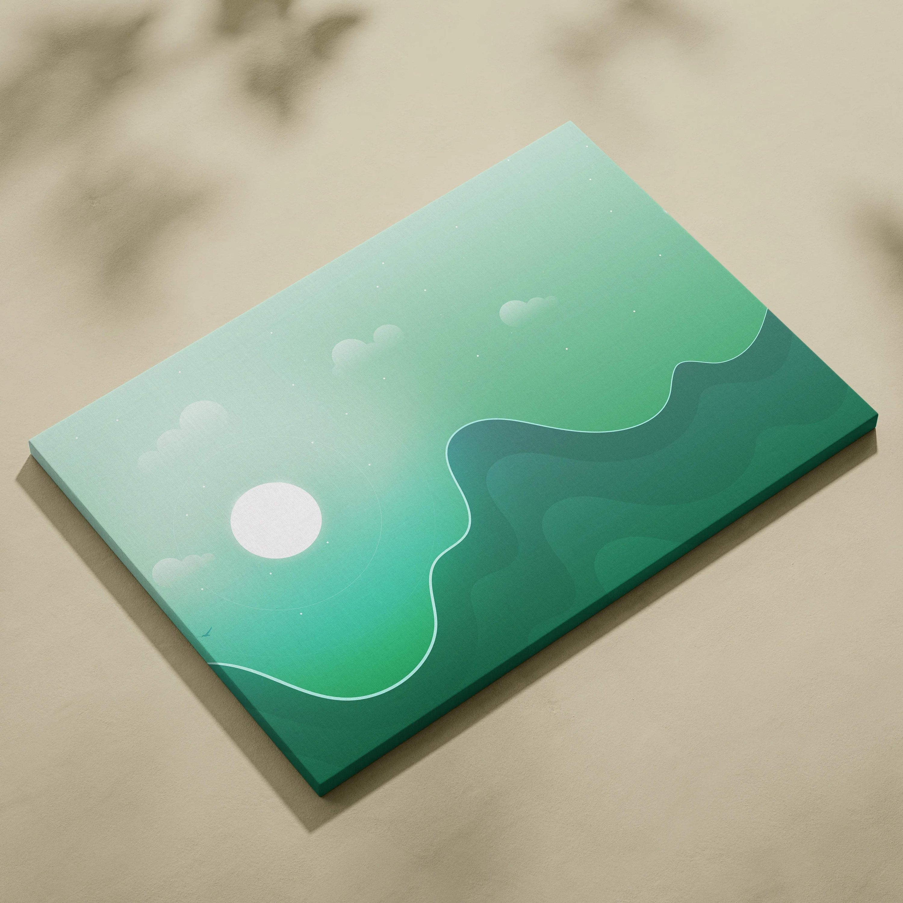 Minimalist emerald hills at dawn canvas print with green gradient and misty sun