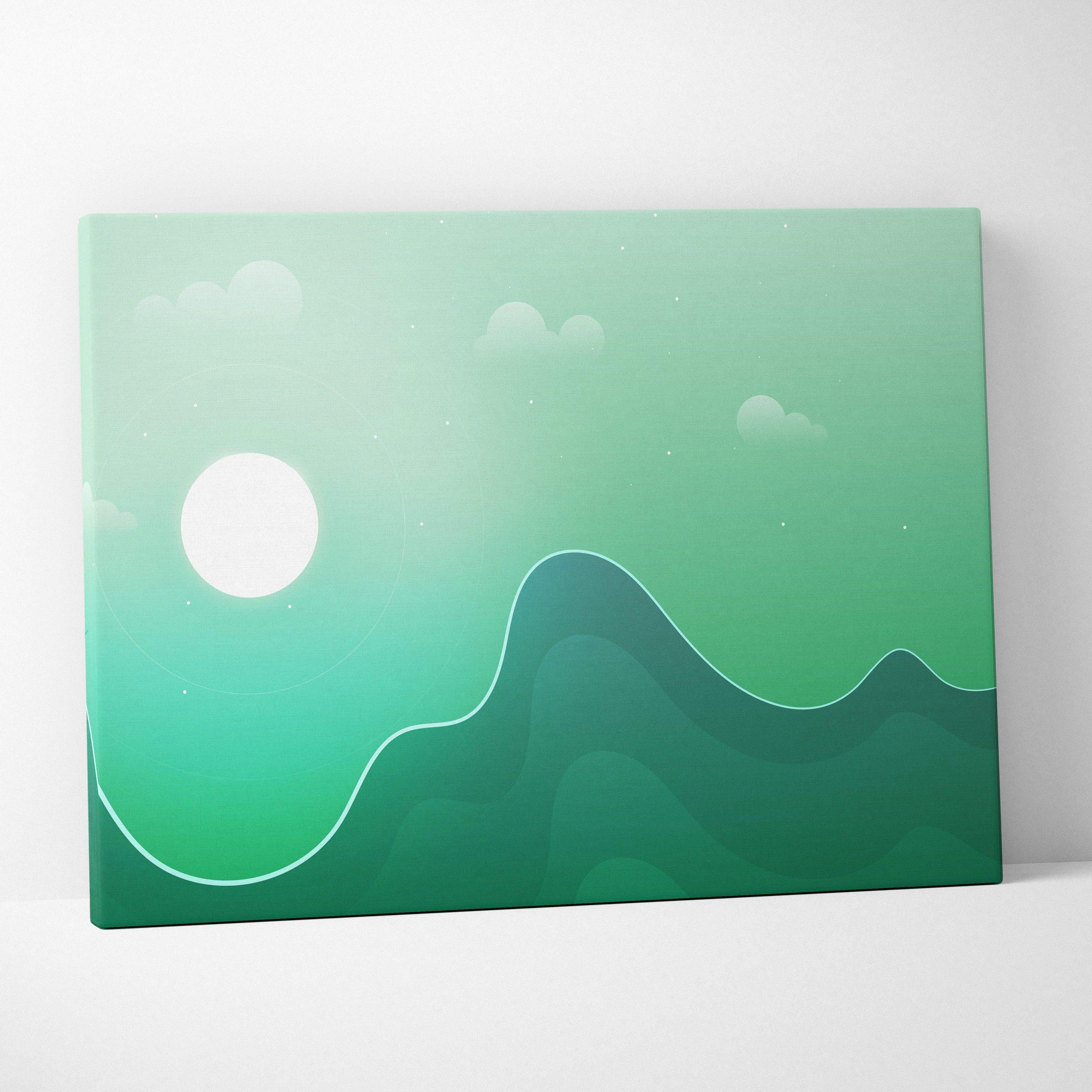Minimalist emerald hills at dawn canvas print with soothing green gradient sun