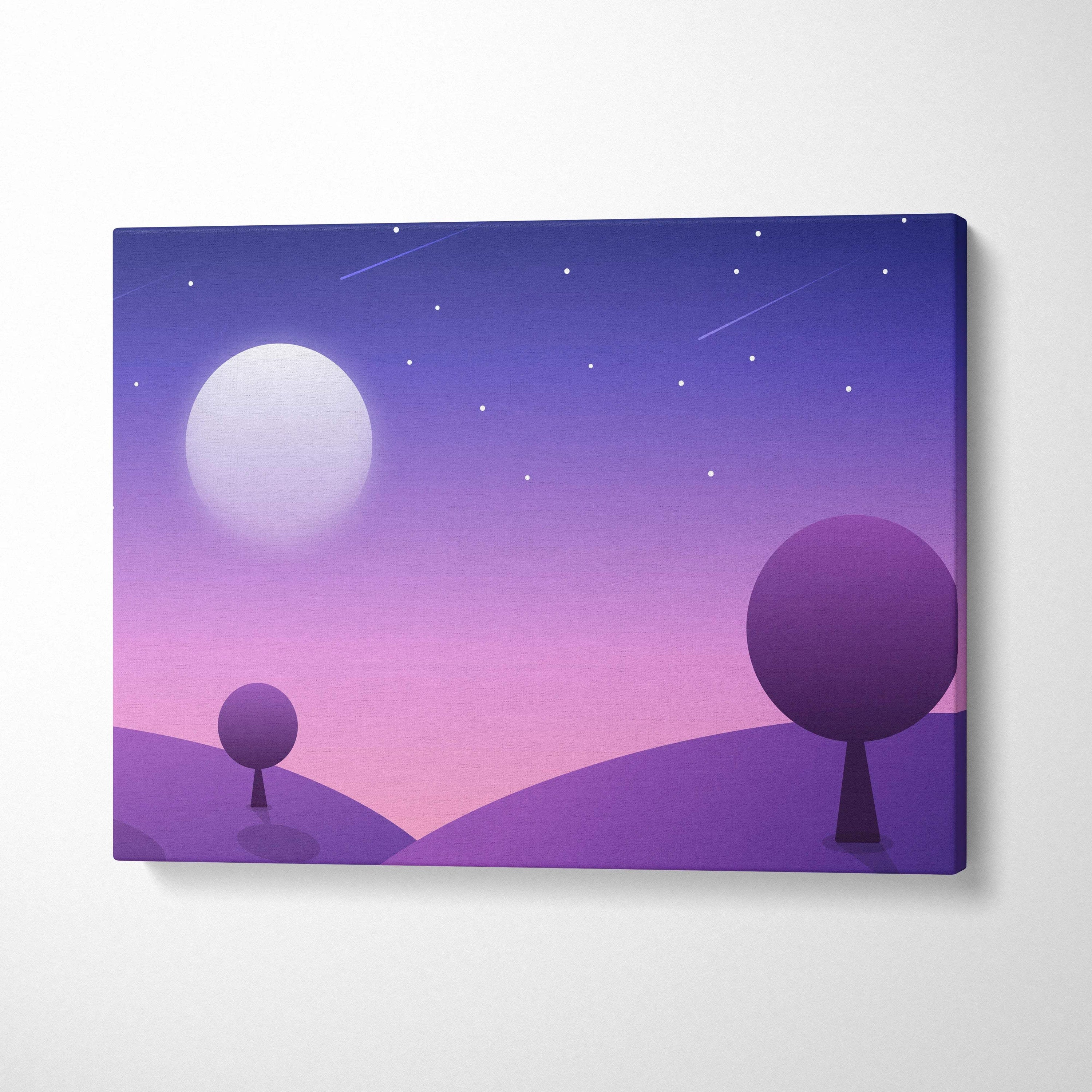 Purple gradient canvas print of stylized trees, moon, starry sky